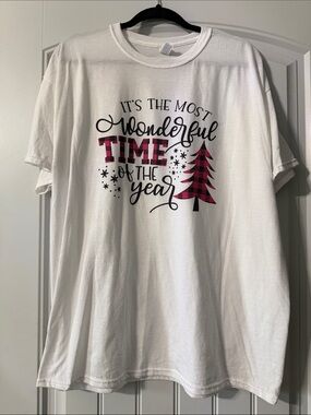 Jerzees White Holiday Tee with Red Plaid Accents